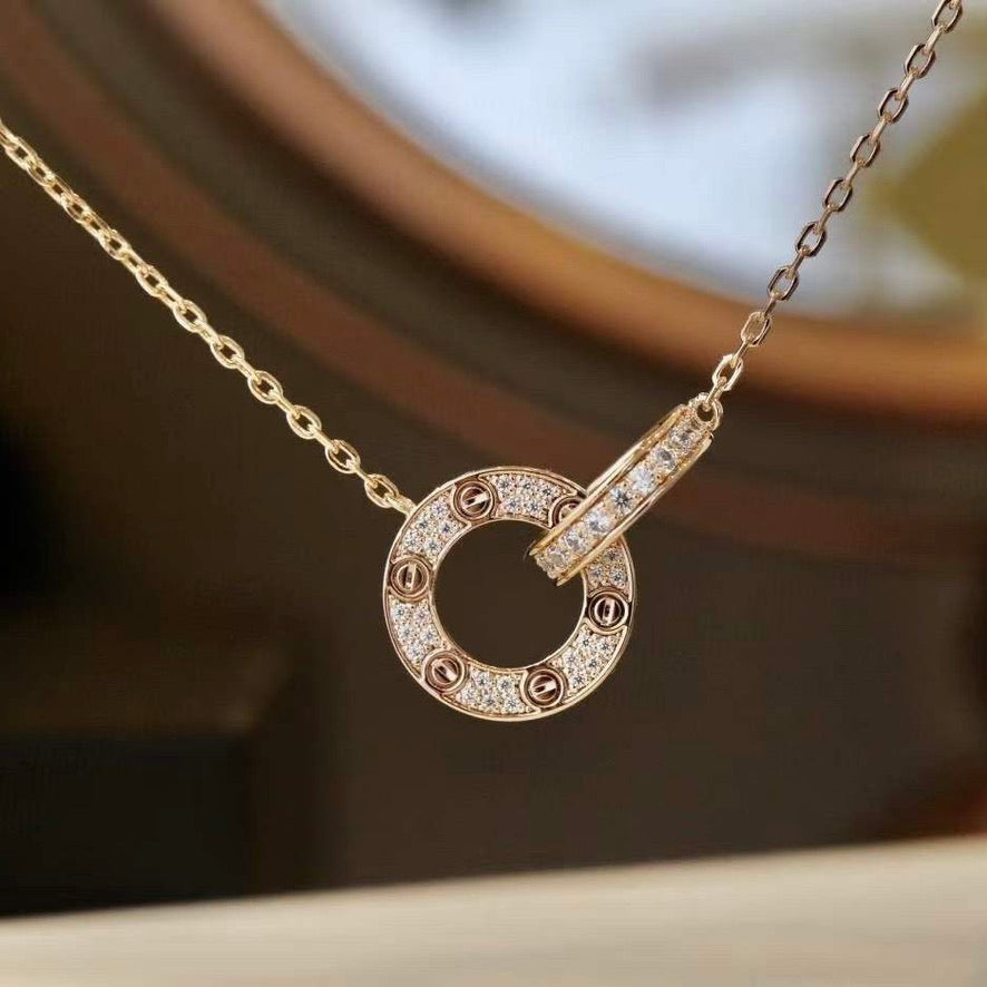 [Clover Jewelrys]LOVE 7.6MM NECKLACE ROSE GOLD AND SILVER  FULL DIAMOND