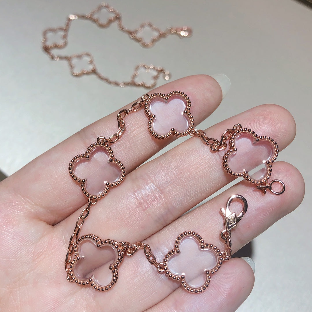 [Clover Jewelrys]CLOVER 5 MOTIF ROCK CRYSTAL PINK GOLD BRACELET