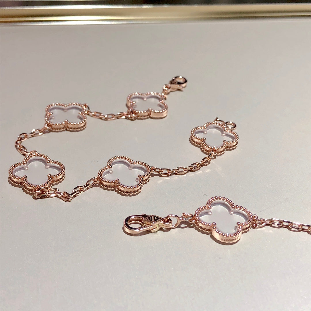 [Clover Jewelrys]CLOVER 5 MOTIF ROCK CRYSTAL PINK GOLD BRACELET