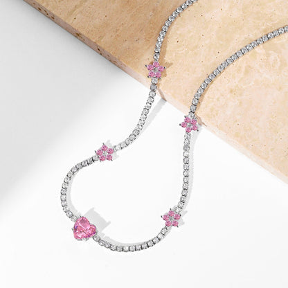 [Clover Jewelrys]Dazzling Pink Heart Flower Necklace