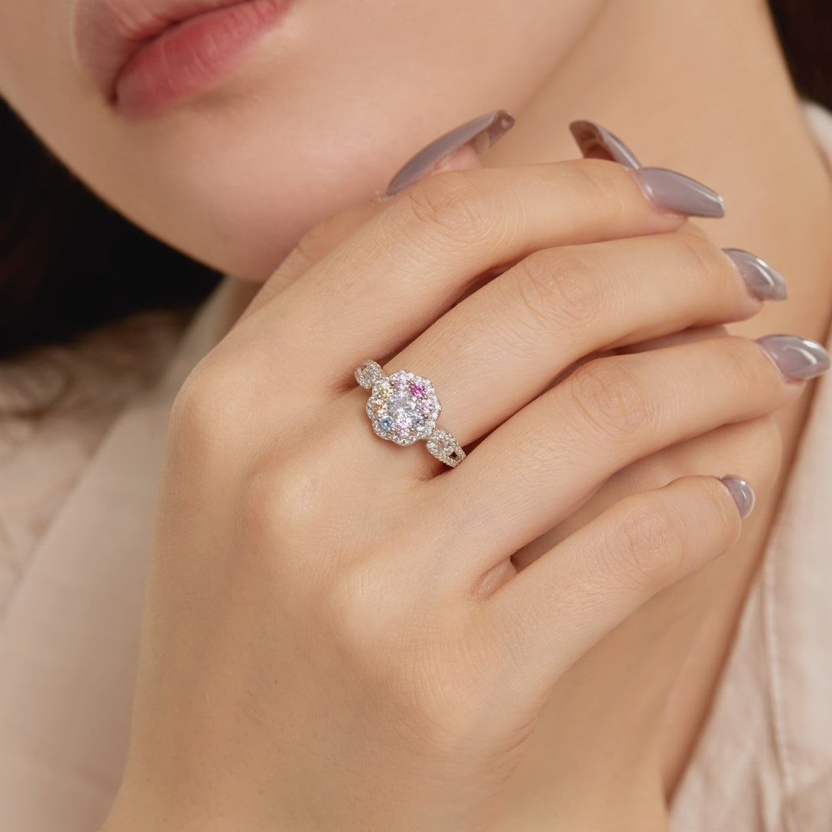 [Clover Jewelrys]Delicate Colorful Round Cut Flower Shape Wedding Ring