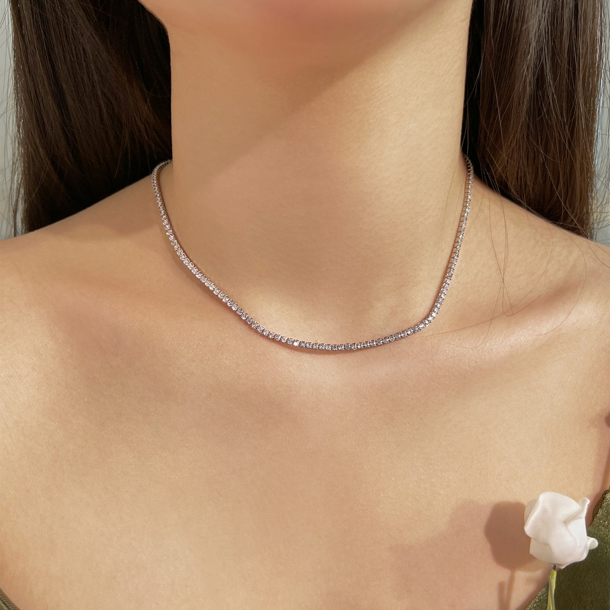 [Clover Jewelrys]Delicate Round Shape Tennis Necklace