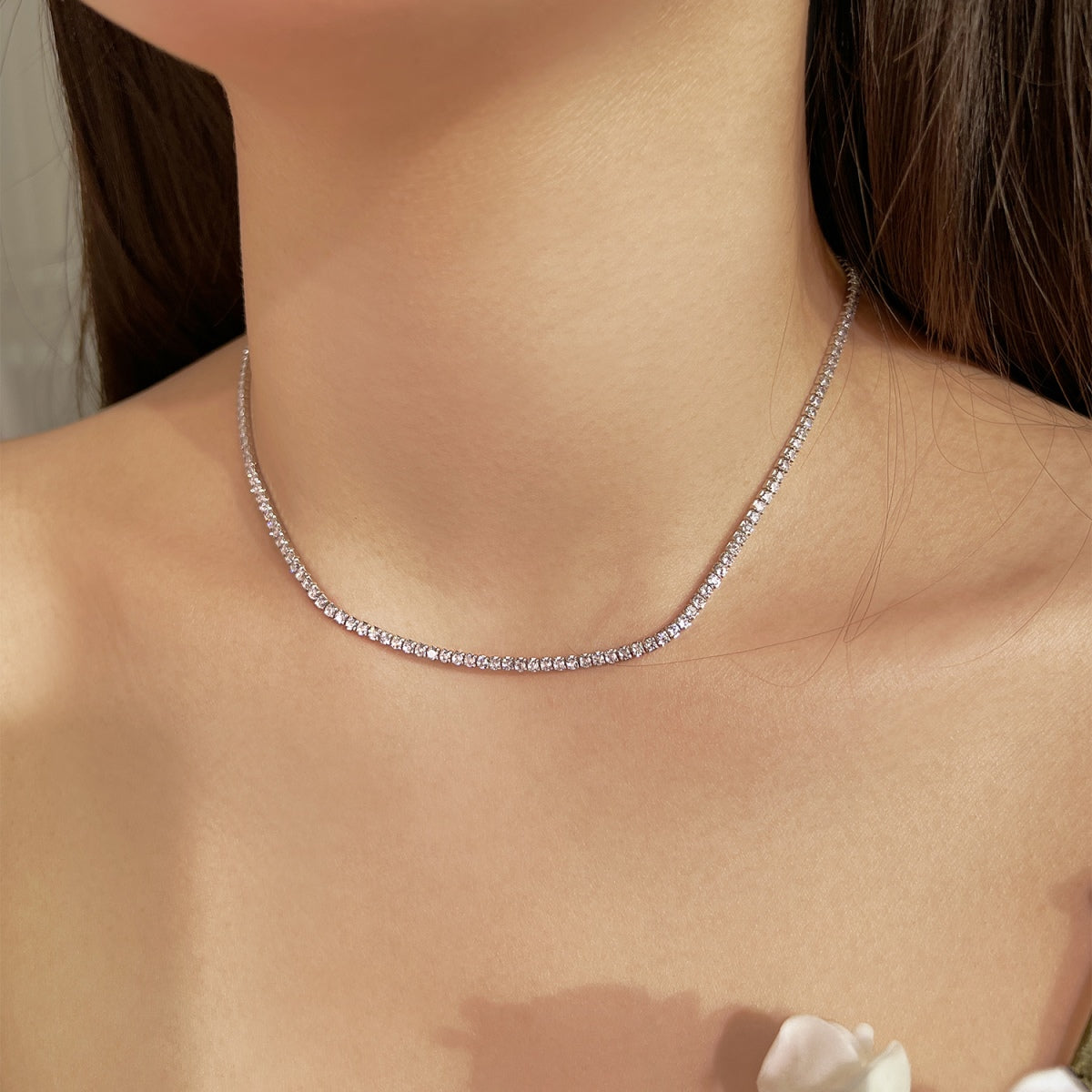 [Clover Jewelrys]Delicate Round Shape Tennis Necklace