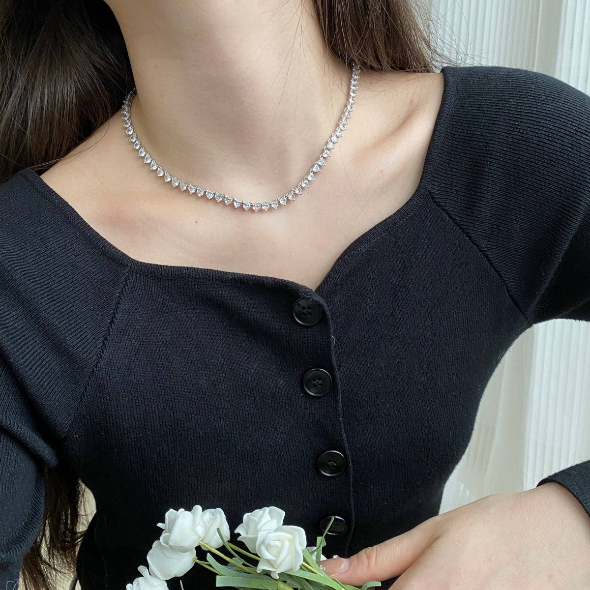 [Clover Jewelrys]Ornate Heart Cut Tennis Necklace