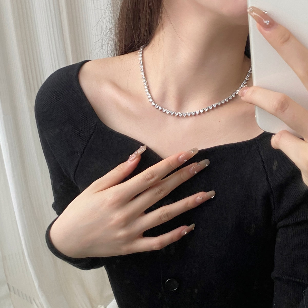 [Clover Jewelrys]Ornate Heart Cut Tennis Necklace