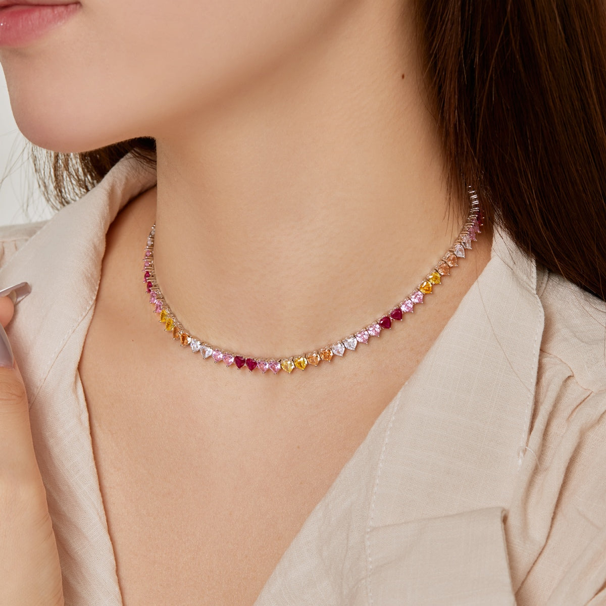 [Clover Jewelrys]Sparkling Colorful Full Heart Tennis Necklace