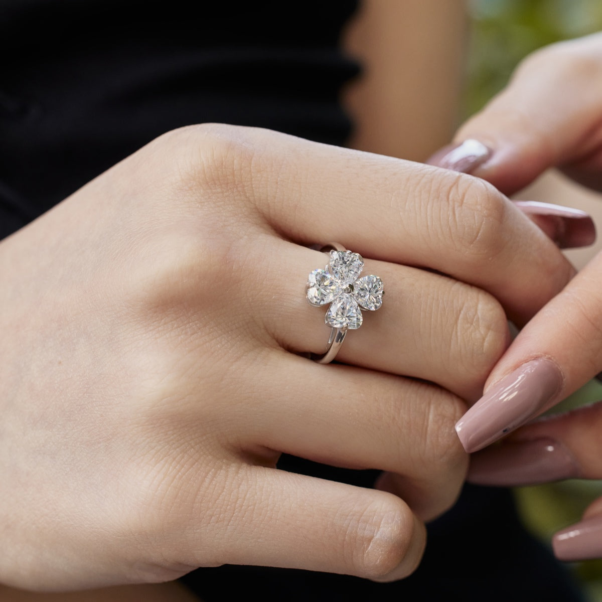 [Clover Jewelrys]Heart-shaped Four-Leaf Clover Ball Ring