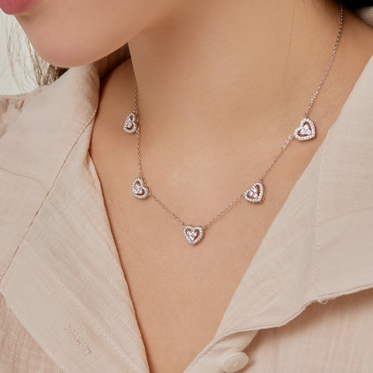 [Clover Jewelrys]Sparkling Five Heart Necklace