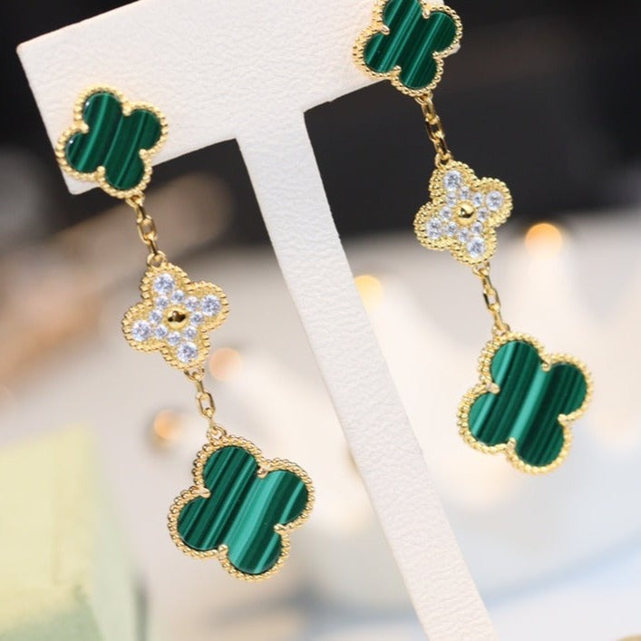 [Clover Jewelrys]CLOVER EARRINGS GOLD MALACHITE DIAMOND 3 MOTIF