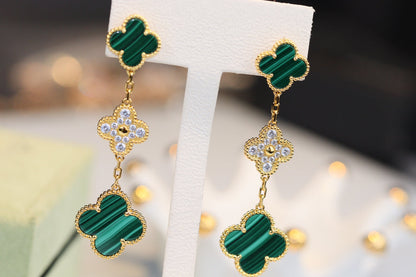 [Clover Jewelrys]CLOVER EARRINGS GOLD MALACHITE DIAMOND 3 MOTIF