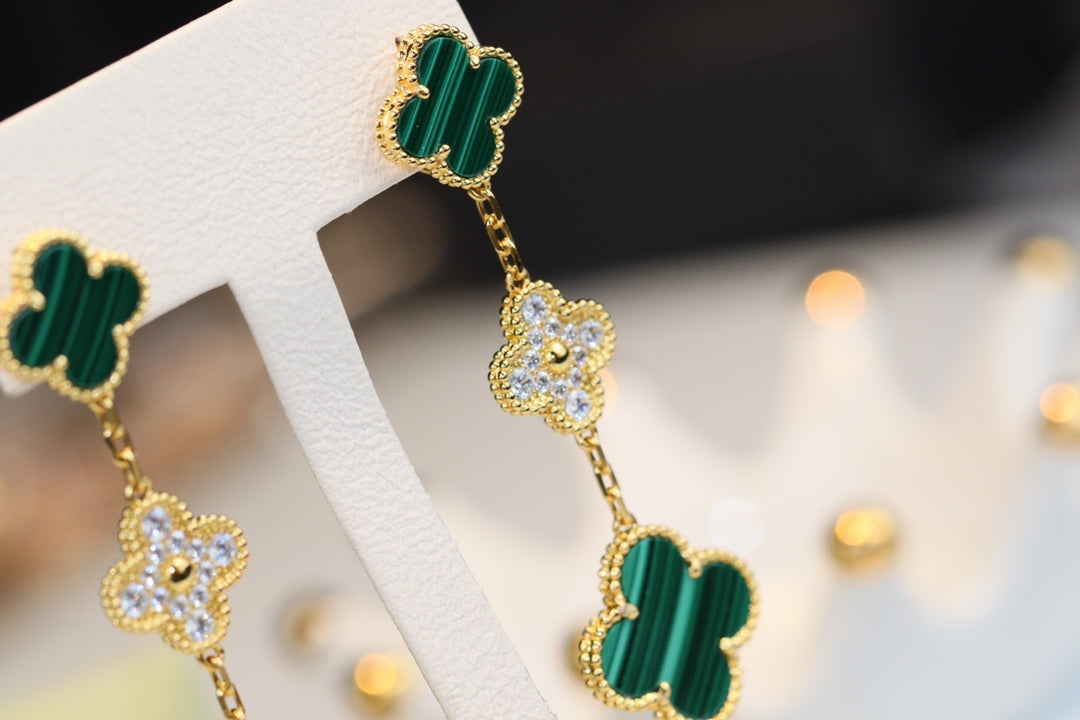 [Clover Jewelrys]CLOVER EARRINGS GOLD MALACHITE DIAMOND 3 MOTIF