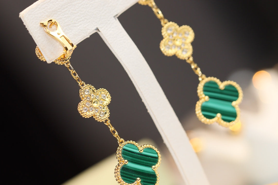 [Clover Jewelrys]CLOVER EARRINGS GOLD MALACHITE DIAMOND 3 MOTIF