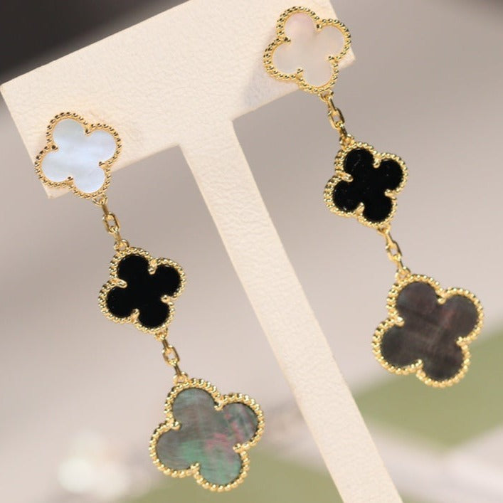 [Clover Jewelrys]CLOVER EARRINGS GOLD ONYX MOP 3 MOTIF