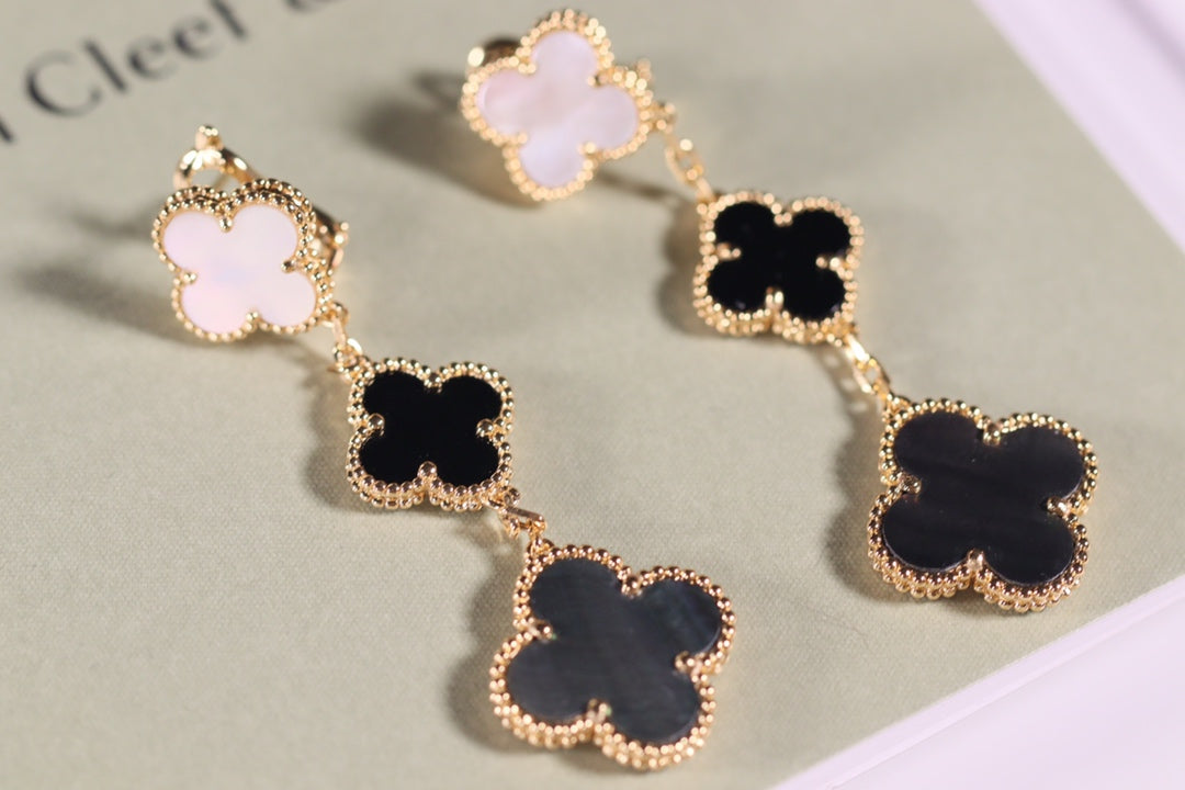 [Clover Jewelrys]CLOVER EARRINGS GOLD ONYX MOP 3 MOTIF