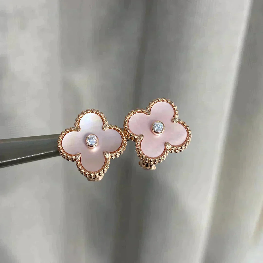 [Clover Jewelrys]CLOVER MEDIUM 1 MOTIFS  PINK MOP DIAMOND EARRINGS