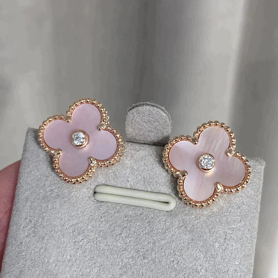 [Clover Jewelrys]CLOVER MEDIUM 1 MOTIFS  PINK MOP DIAMOND EARRINGS