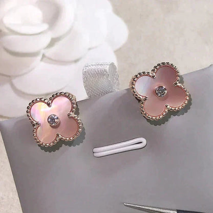 [Clover Jewelrys]CLOVER MEDIUM 1 MOTIFS  PINK MOP DIAMOND EARRINGS