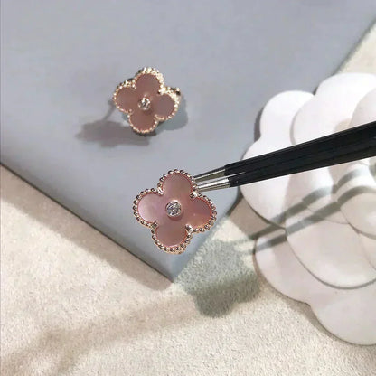 [Clover Jewelrys]CLOVER MEDIUM 1 MOTIFS  PINK MOP DIAMOND EARRINGS