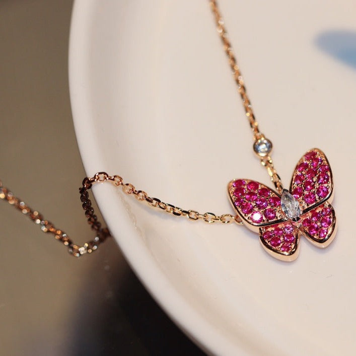 [Clover Jewelrys]BUTTERFLY RED DIAMOND ROSE GOLD NECKLACE