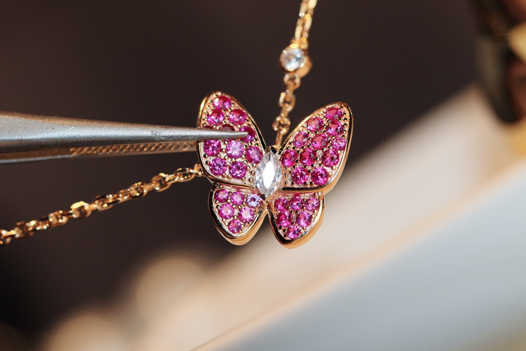 [Clover Jewelrys]BUTTERFLY RED DIAMOND ROSE GOLD NECKLACE