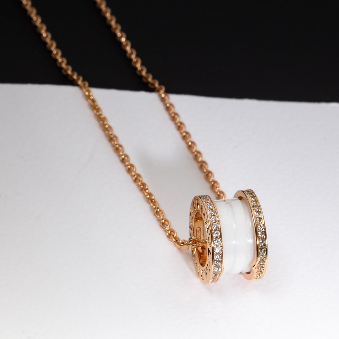 [Clover Jewelrys]ZERO 1 WHITE CERAMIC PINK GOLD DIAMOND NECKLACE