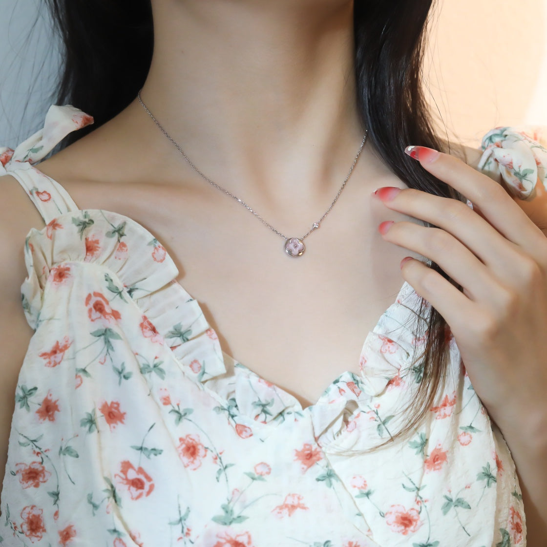 [Clover Jewelrys]SUN PEDANT PINK GOLD 1 DIAMOND NECKLACE