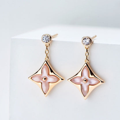 [Clover Jewelrys]DOUBLE STAR PINK GOLD MOP DROP EARRINGS