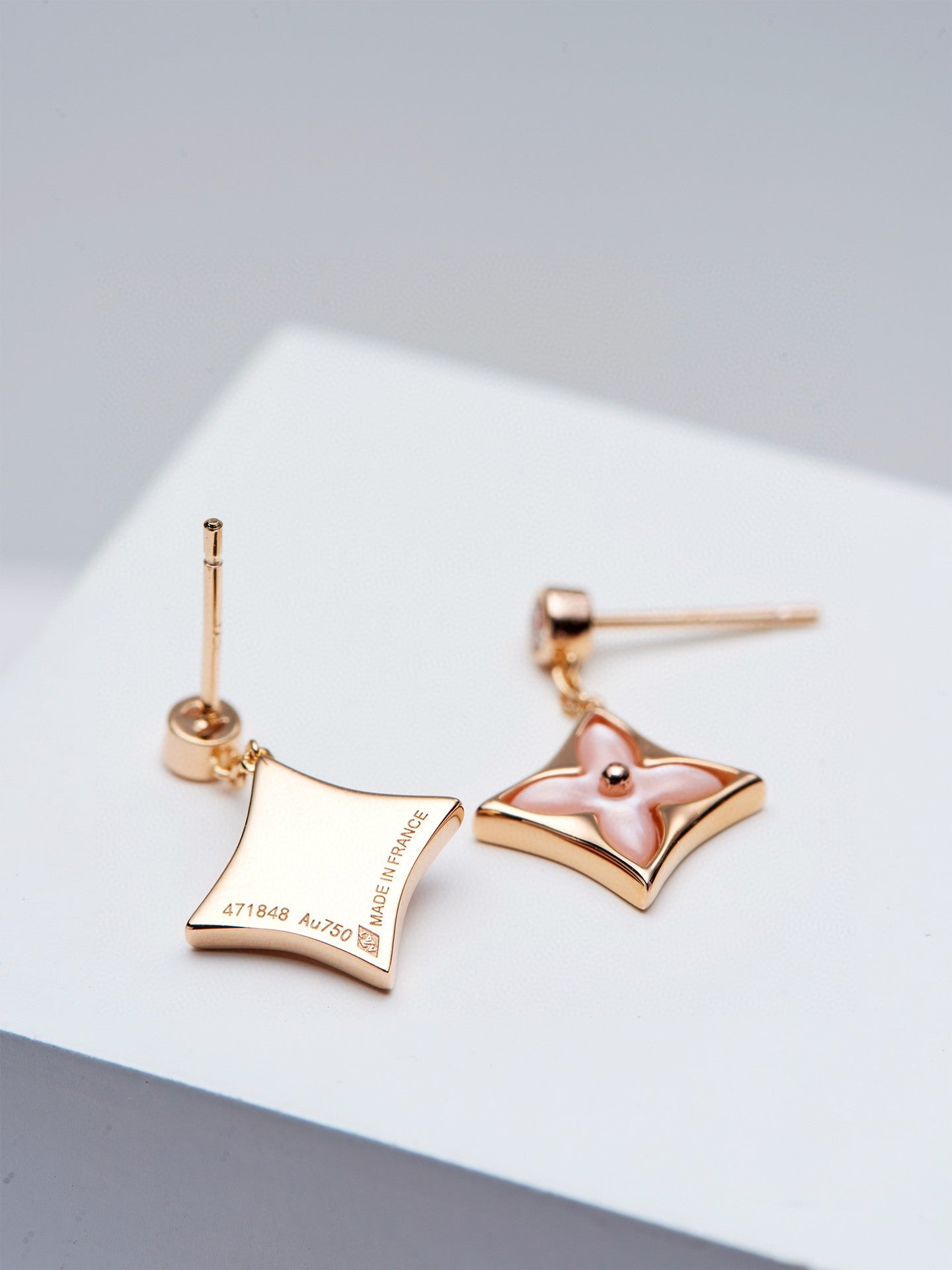 [Clover Jewelrys]DOUBLE STAR PINK GOLD MOP DROP EARRINGS