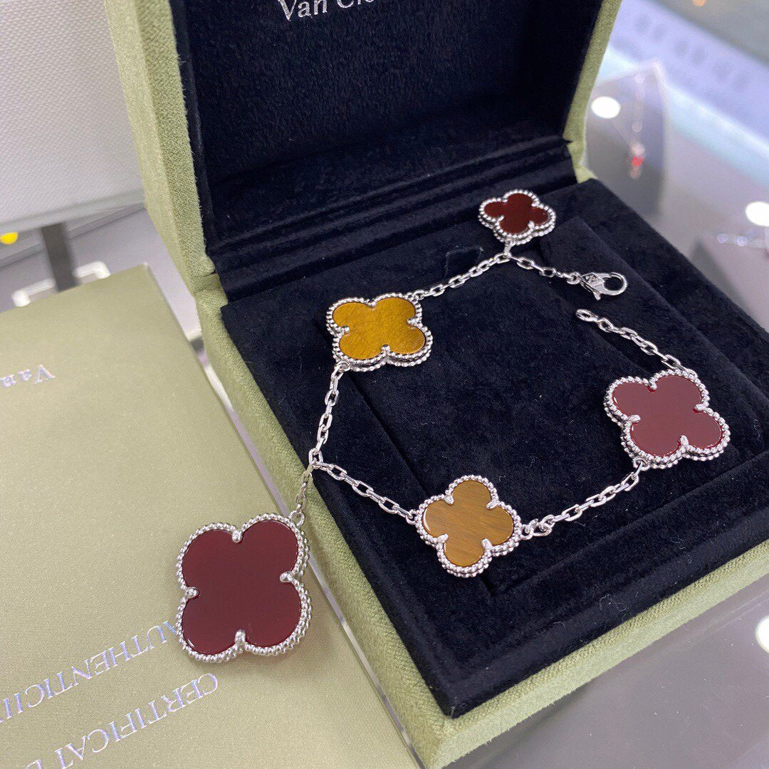 [Clover Jewelrys]CLOVER 5 MOTIFS SIVLER CARNELIAN TIGER EYE BRACELET