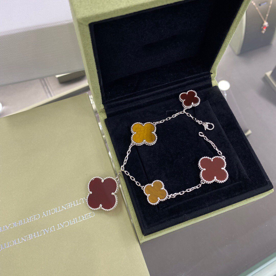 [Clover Jewelrys]CLOVER 5 MOTIFS SIVLER CARNELIAN TIGER EYE BRACELET