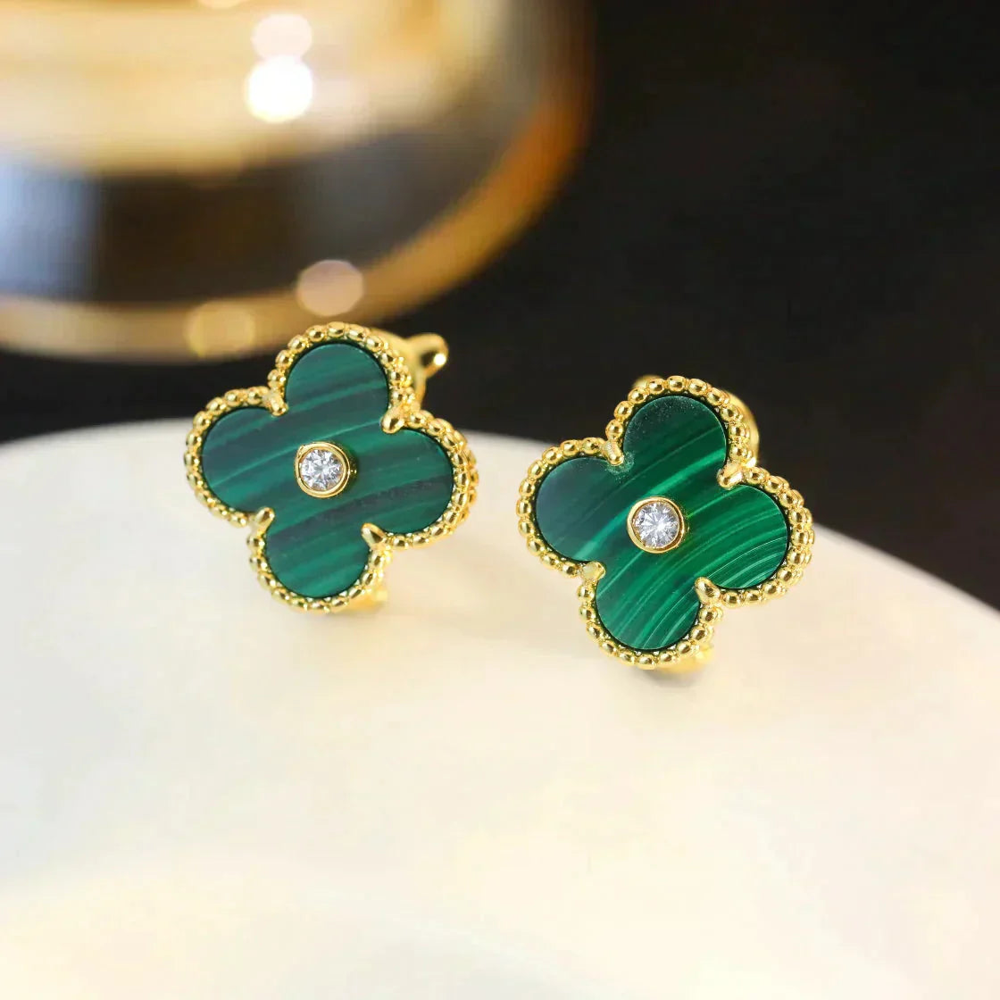 [Clover Jewelrys]CLOVER MEDIUM 1 MOTIFS MALACHITE DIAMOND EARRINGS