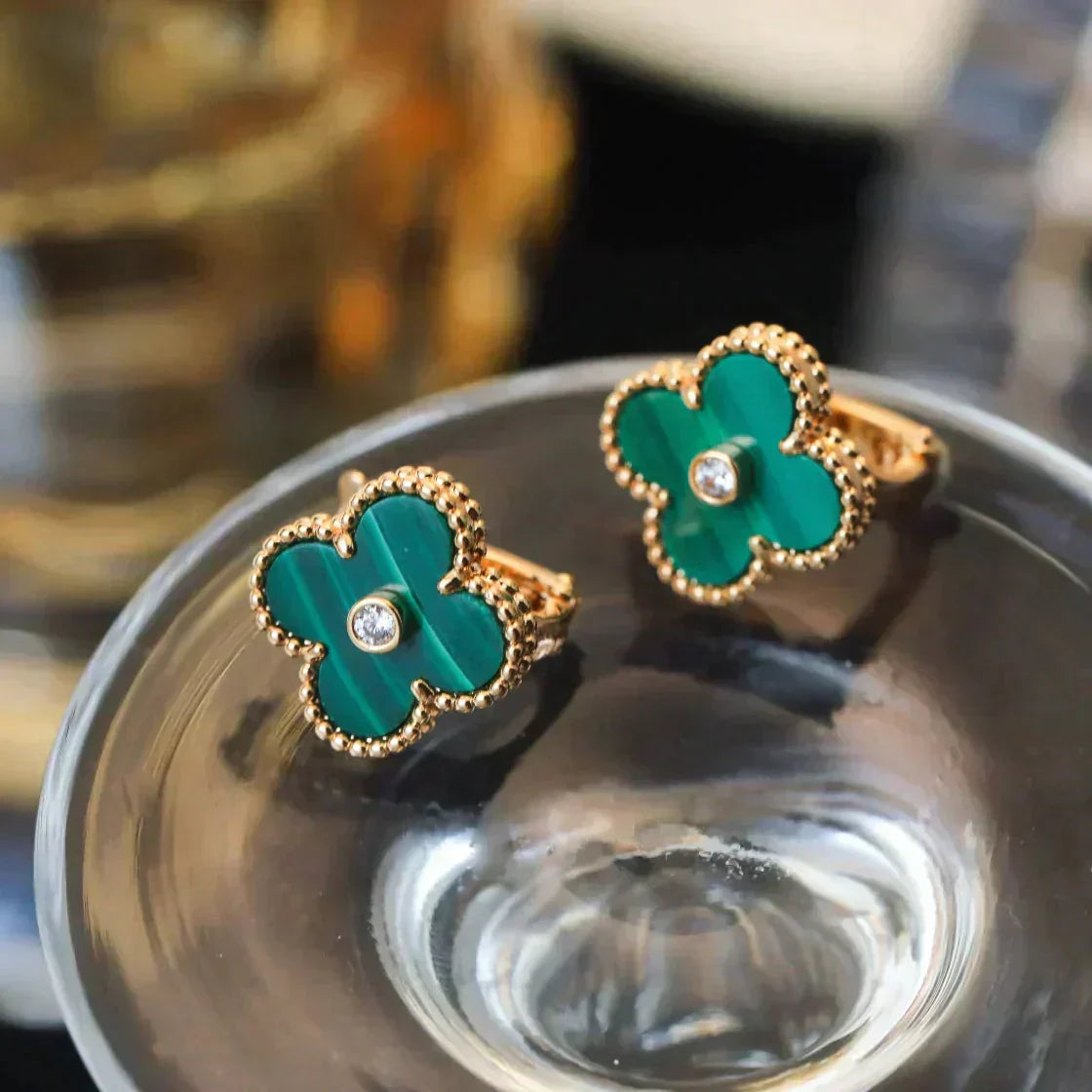 [Clover Jewelrys]CLOVER MEDIUM 1 MOTIFS MALACHITE DIAMOND EARRINGS