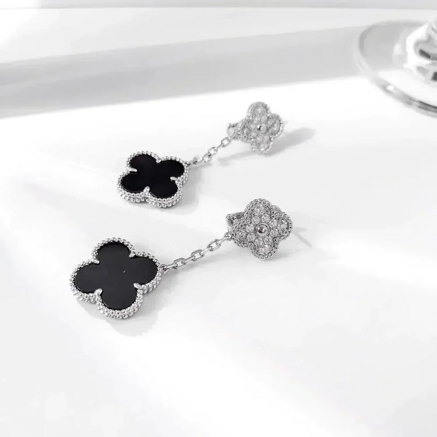 [Clover Jewelrys]CLOVER 2 MOTIFS  DIAMOND ONYX EARRINGS SILVER