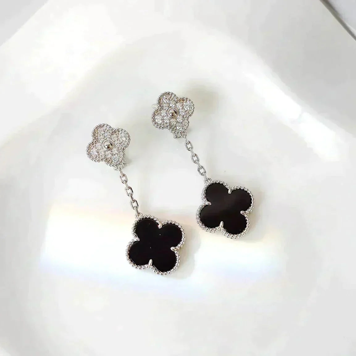 [Clover Jewelrys]CLOVER 2 MOTIFS  DIAMOND ONYX EARRINGS SILVER