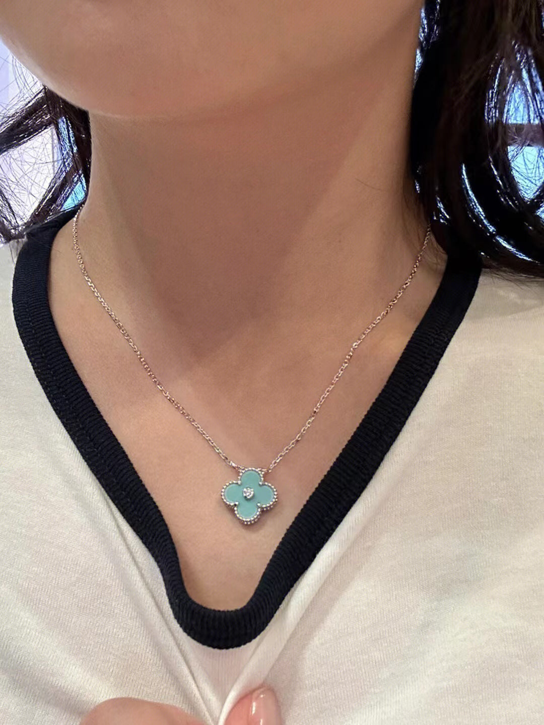 [Clover Jewelrys]CLOVER 1 DIAMOND LIGHT BLUE SILVER NECKLACE