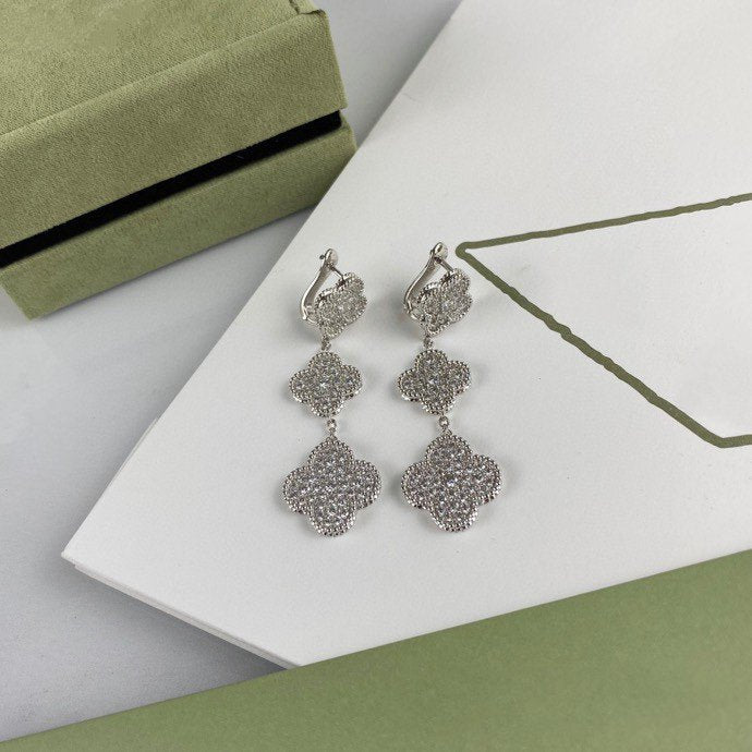 [Clover Jewelrys]CLOVER 3 MOTIF DIAMOND SILVER DROP EARRINGS