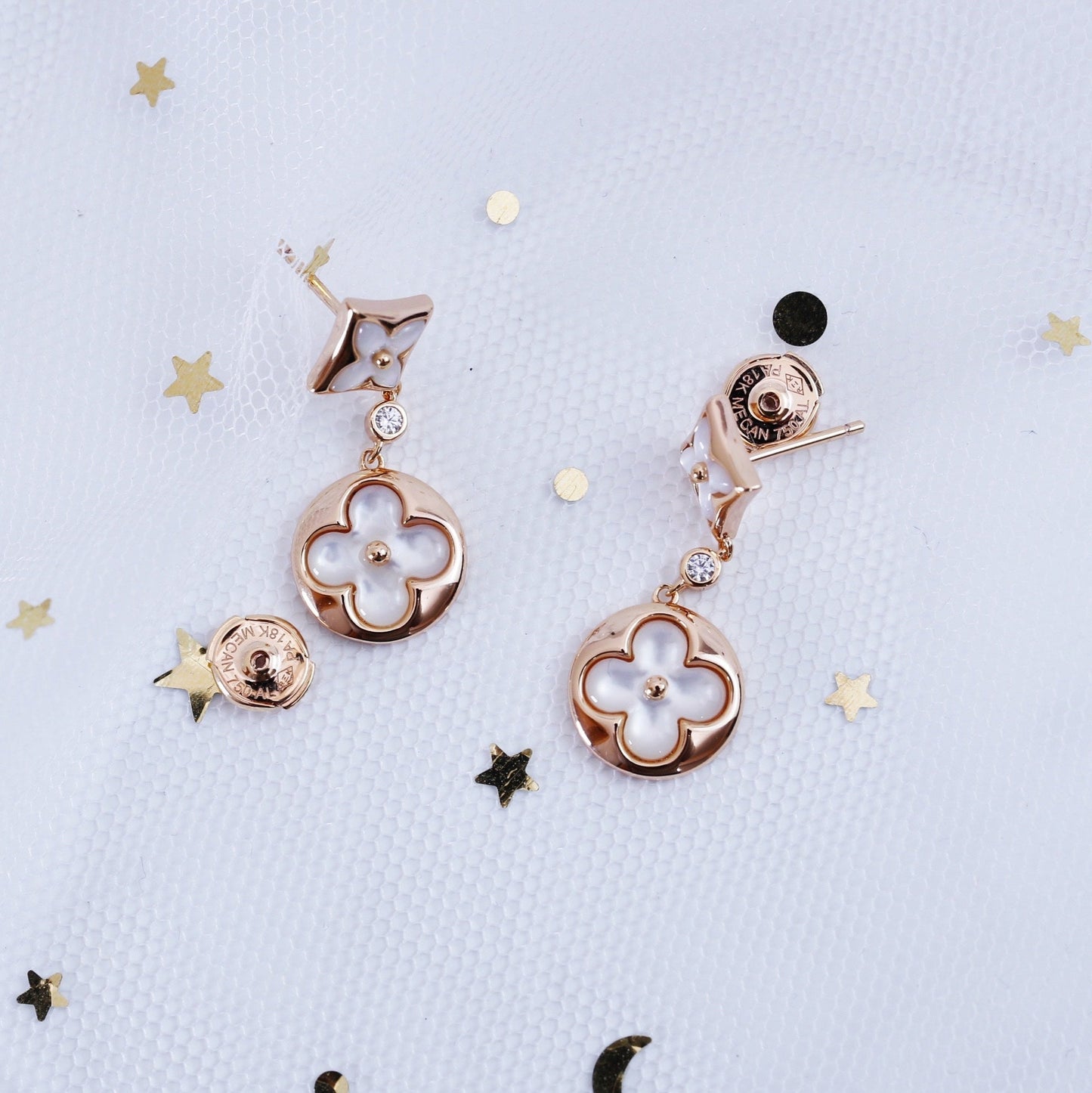 [Clover Jewelrys]STAR AND SUN PINK GOLD MOP DROP EARRINGS