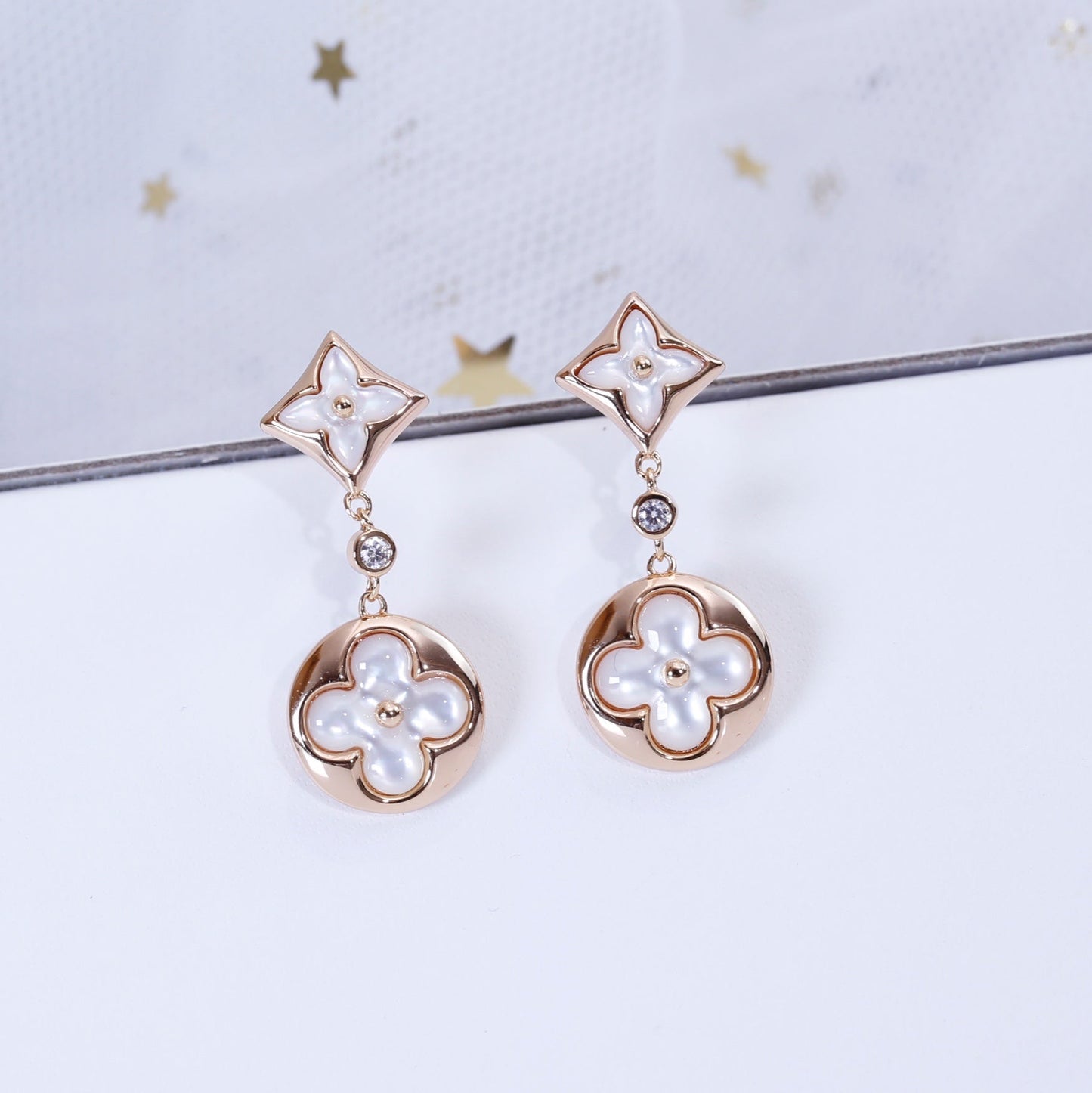 [Clover Jewelrys]STAR AND SUN PINK GOLD MOP DROP EARRINGS