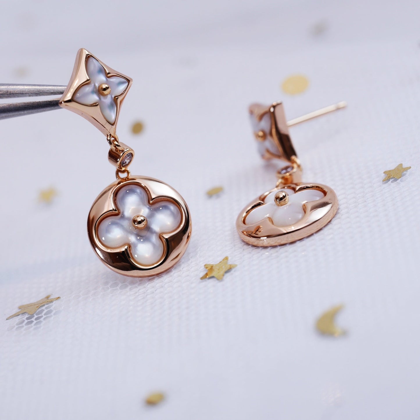 [Clover Jewelrys]STAR AND SUN PINK GOLD MOP DROP EARRINGS