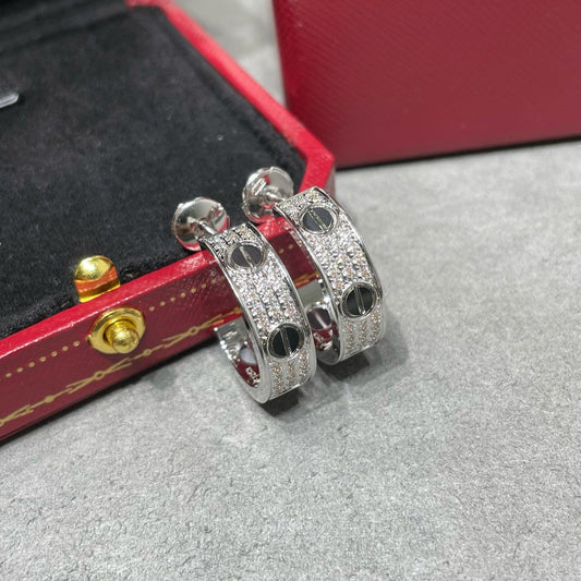 [Clover Jewelrys]LOVE CERAMIC DIAMOND PAVED SILVER EARRINGS