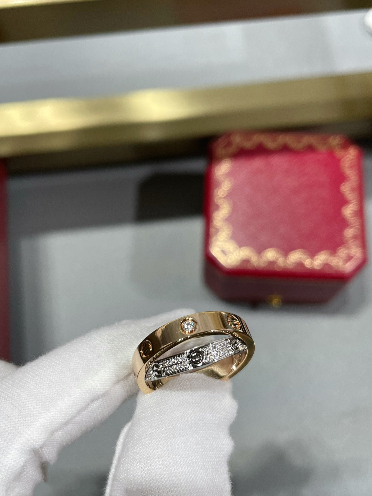 [Clover Jewelrys]LOVE PINK GOLD SILVER DIAMOND DOUBLE RING