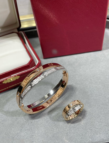 [Clover Jewelrys]LOVE PINK GOLD SILVER DIAMOND DOUBLE RING