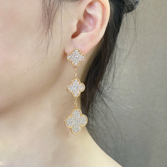 [Clover Jewelrys]CLOVER 3 MOTIFS DIAMOND PAVED ROSE GOLD EARRINGS