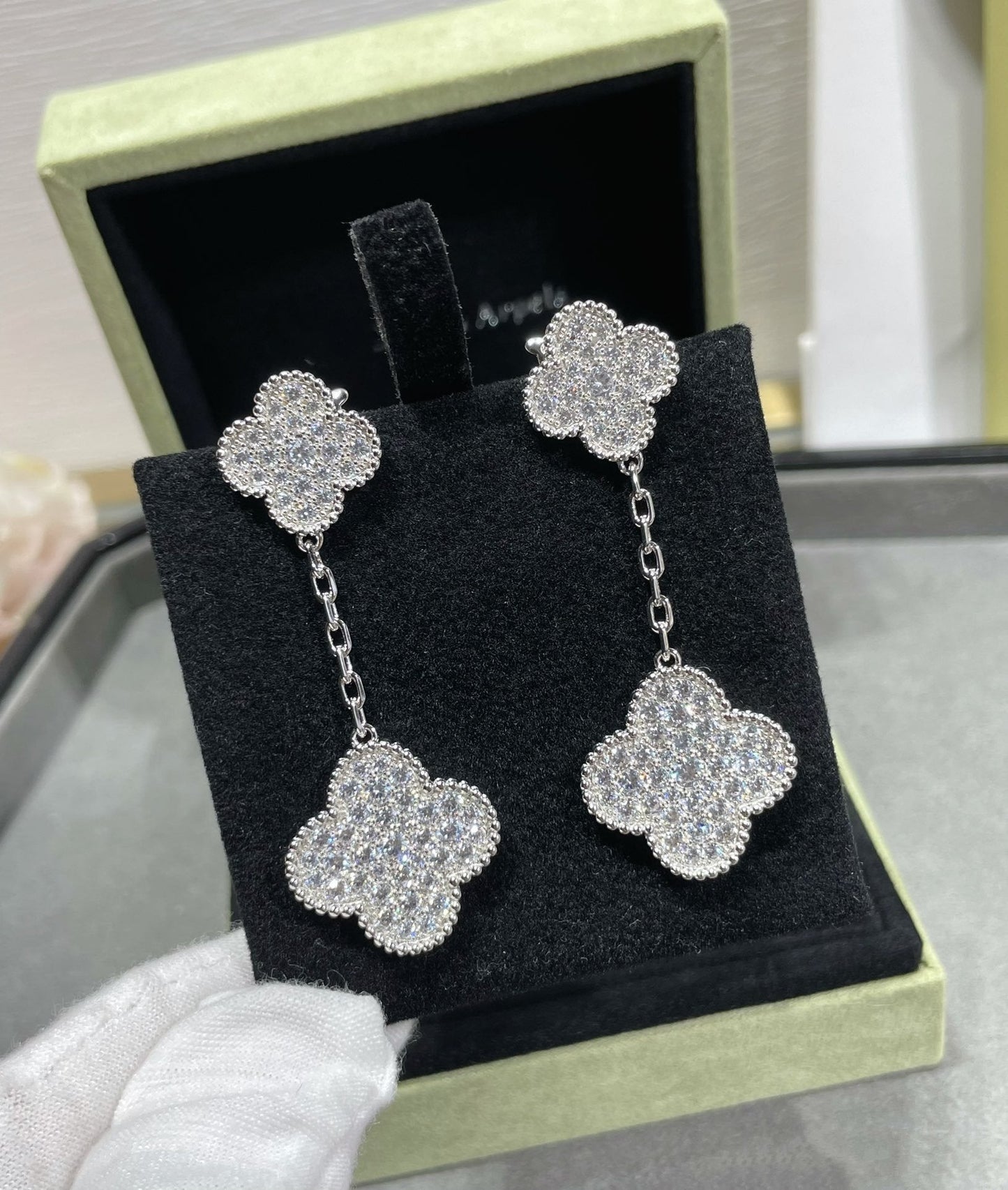 [Clover Jewelrys]CLOVER 2 MOTIFS DIAMOND PAVED SILVER EARRINGS