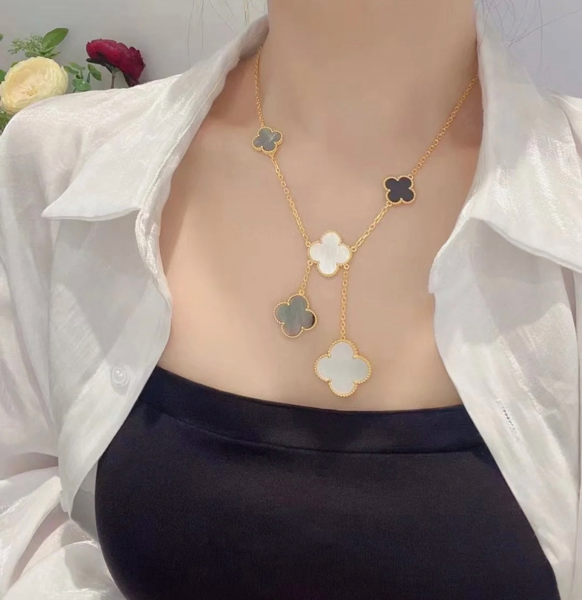 [Clover Jewelrys]CLOVER 6 MOTIF MOP ONYX GOLD NECKLACE