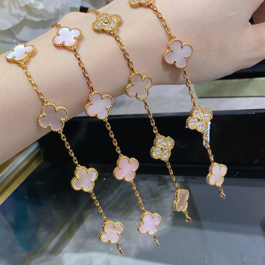 [Clover Jewelrys]CLOVER 5 MOTIF DIAMOND PINK MOP PINK GOLD BRACELET