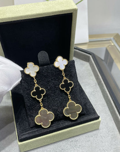 [Clover Jewelrys]CLOVER 3 MOTIF MOP ONYX DARK MOP PINK GOLD EARRINGS