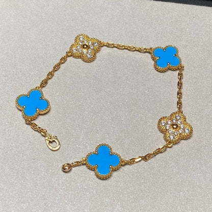 [Clover Jewelrys]CLOVER 5 MOTIF BLUE CHALCEDONY DIAMOND GOLD BRACELET