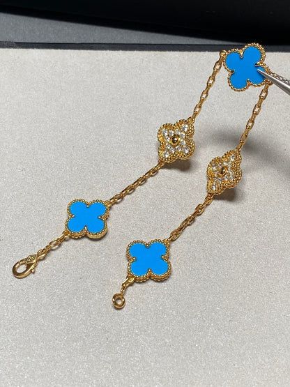 [Clover Jewelrys]CLOVER 5 MOTIF BLUE CHALCEDONY DIAMOND GOLD BRACELET