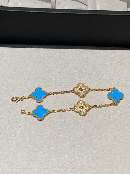 [Clover Jewelrys]CLOVER 5 MOTIF BLUE CHALCEDONY DIAMOND GOLD BRACELET